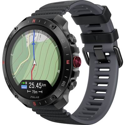 Een zwarte outdoor smartwatch met een navigatiescherm waarop een kaart wordt weergegeven, de huidige afstand van 25,45 km en de richting naar een waypoint op 75 meter afstand.