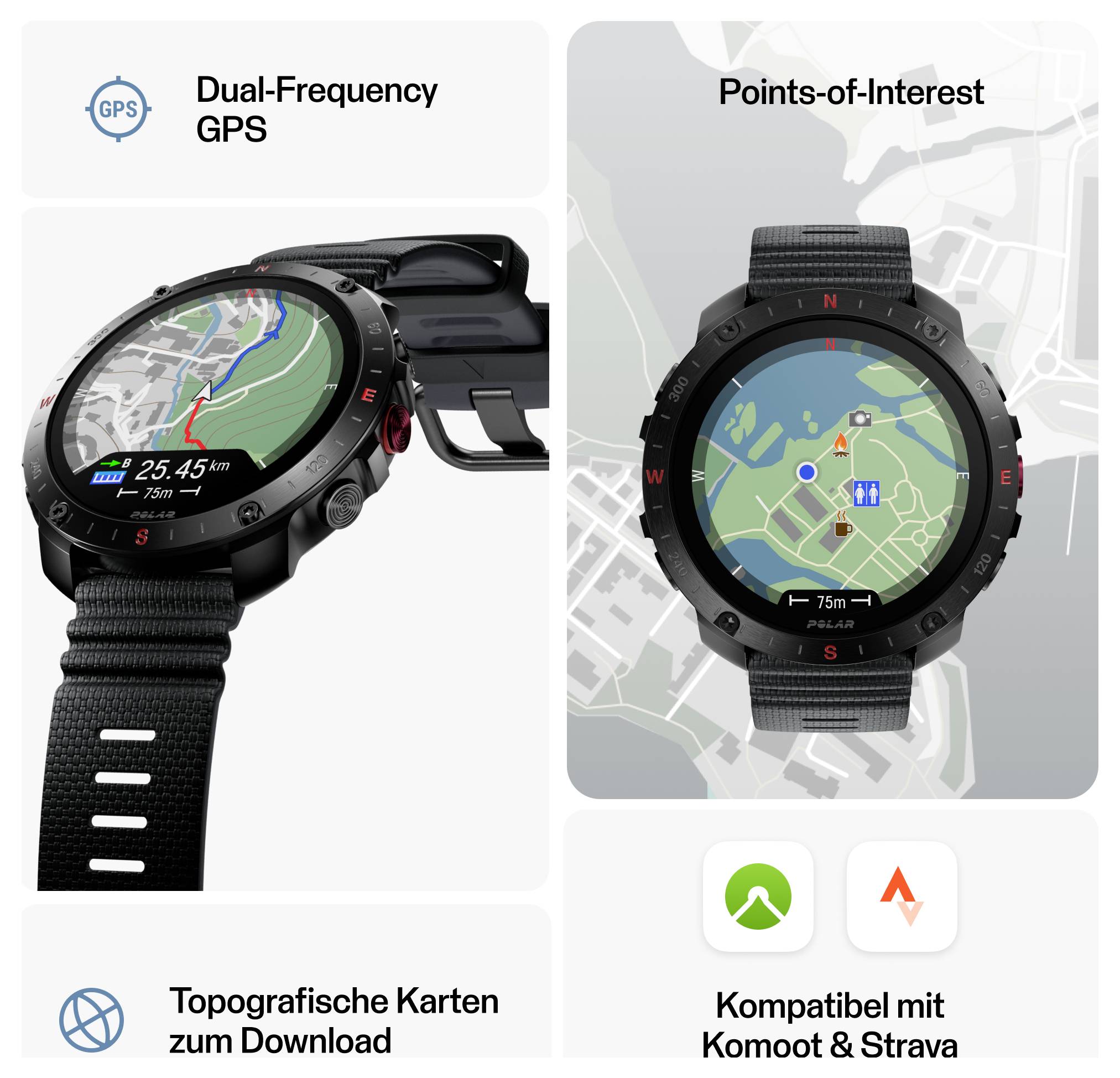'Afbeelding die een smartwatch toont met functies: Dual-Frequentie GPS, topografische kaarten, Points-of-Interest, Komoot en Strava compatibiliteit.'