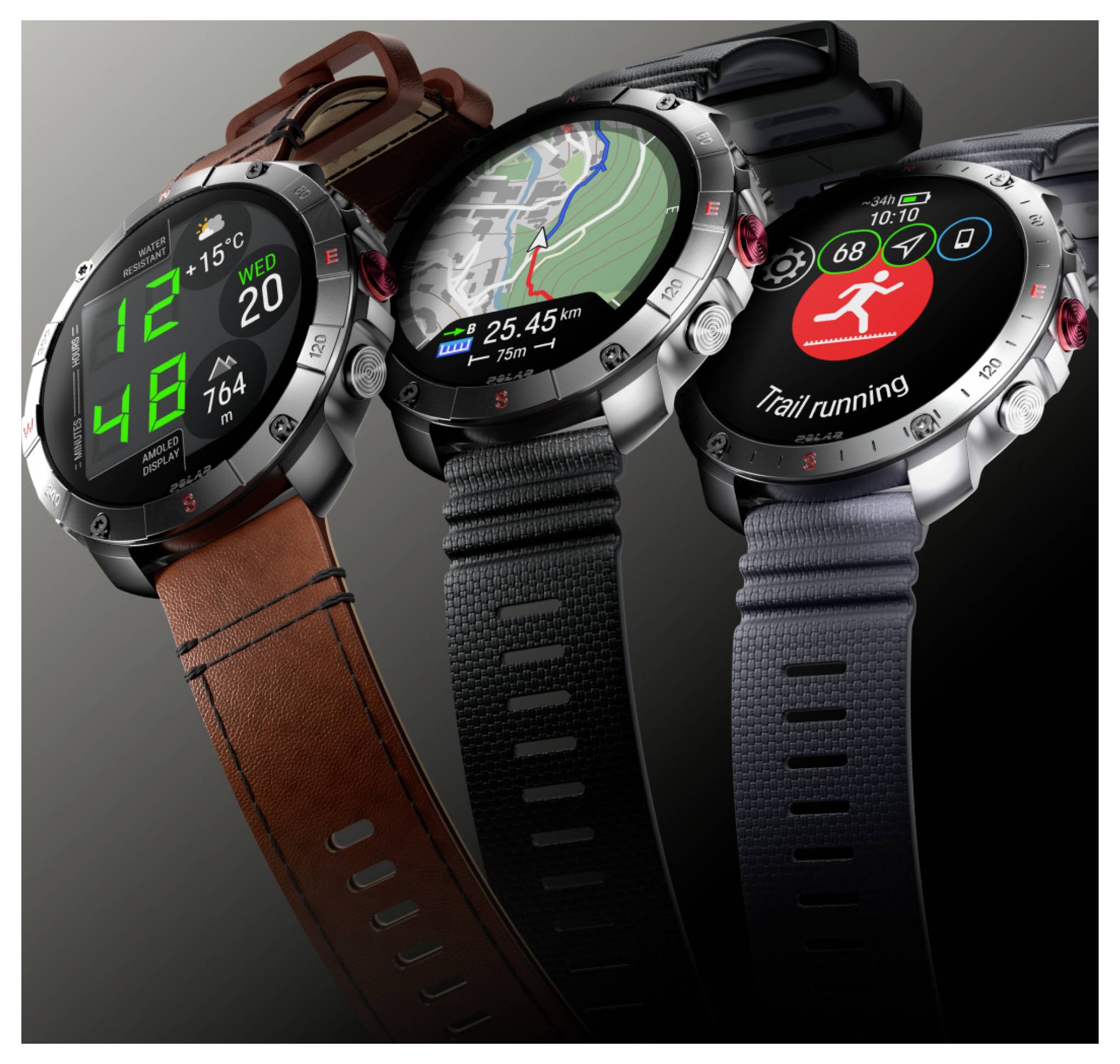 Drie smartwatches met verschillende schermen: een digitale klok, een GPS-kaart die '25,45 km' weergeeft, en een 'Trailrunning'-interface met activiteitsstatistieken.