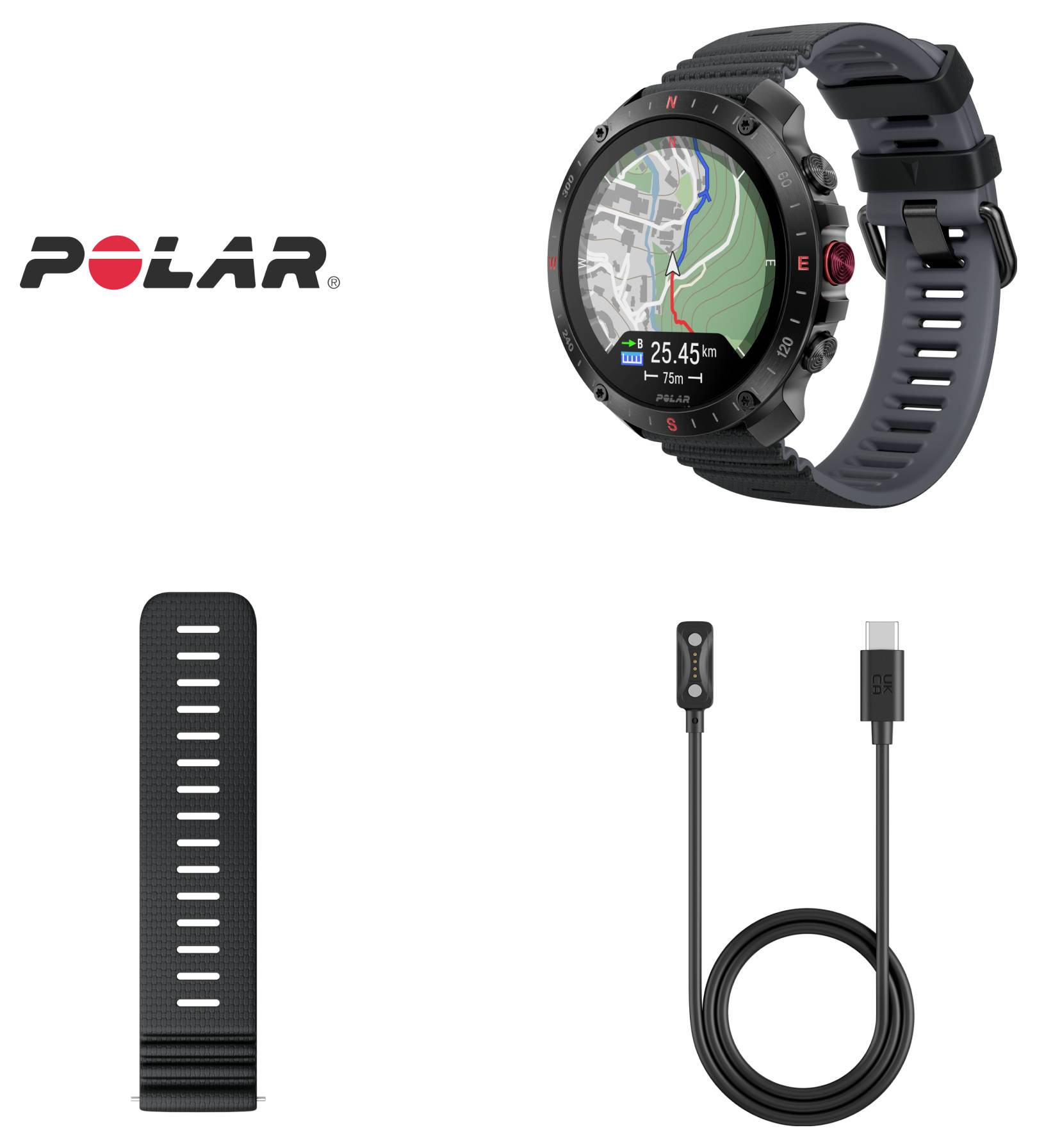 Horloge met GPS-kaartweergave en hartslagmeting, zwarte verwisselbare band, en oplaadkabel. Merklogo 'Polar' erboven.