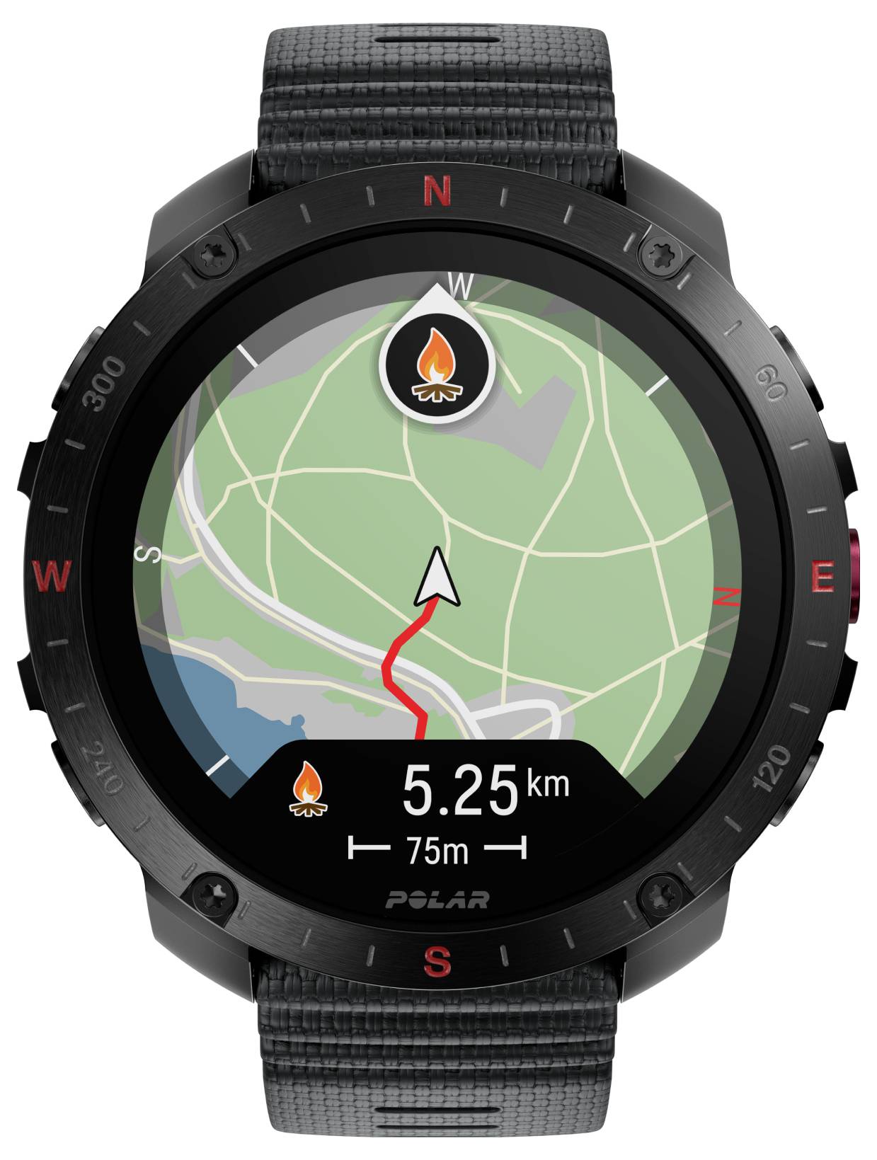 Smartwatch met een navigatiekaart waarop een route wordt weergegeven. Op het scherm staat een afstand van 5,25 km naar de bestemming en een kampvuur-icoon.