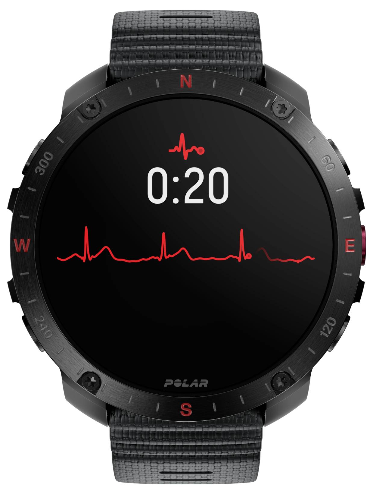Smartwatch die een ECG-aflezing op zijn scherm weergeeft met een timer op 0:20. De horlogerand is gemarkeerd met windrichtingen.