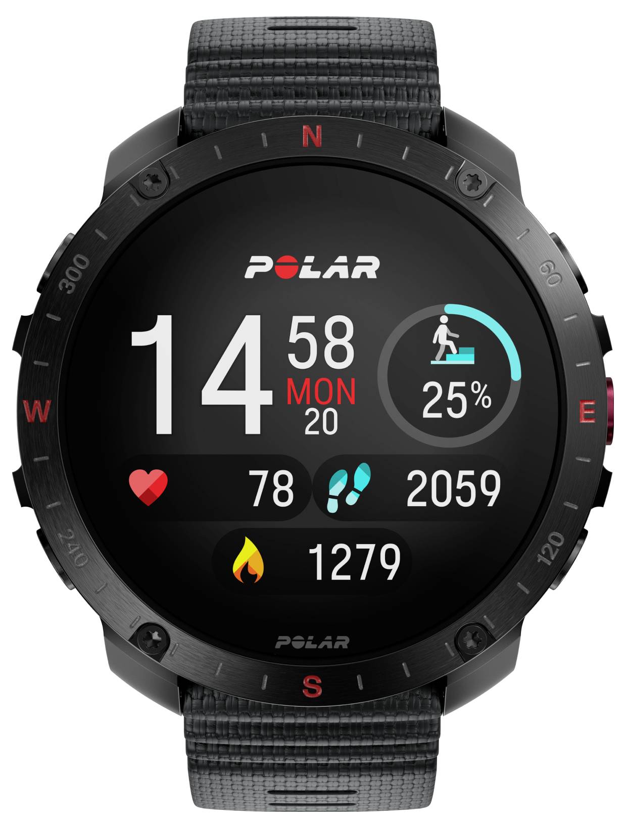 Een zwarte smartwatch die de tijd '14:58' weergeeft, de datum, batterijniveau van 25%, hartslag '78', stappen '2059' en calorieën '1279'.