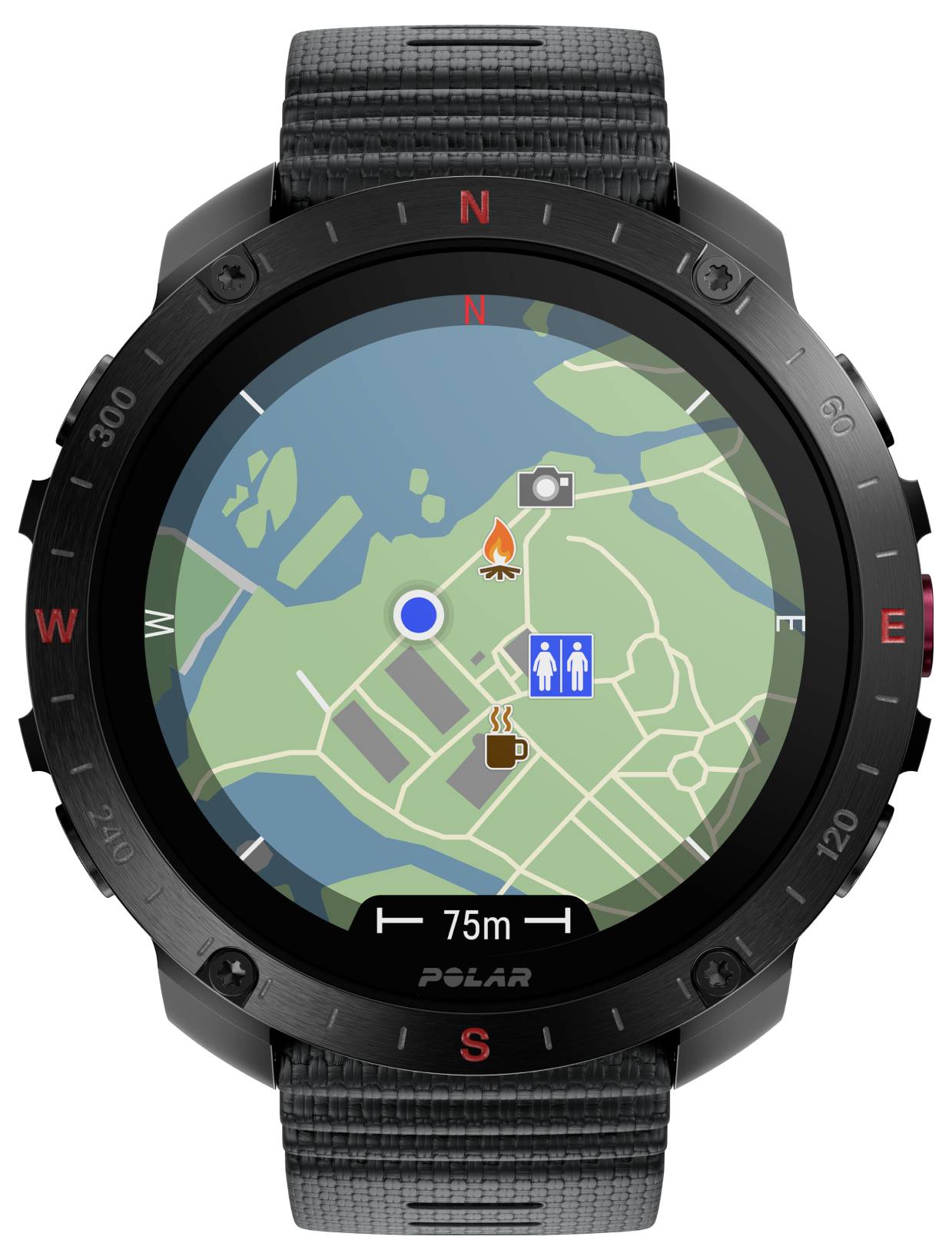 Smartwatch met een kaart waarop een kompasrichting wordt weergegeven. Pictogrammen tonen een vuur, camera, toilet en koffiezaak. Afstand gemarkeerd als 75m.