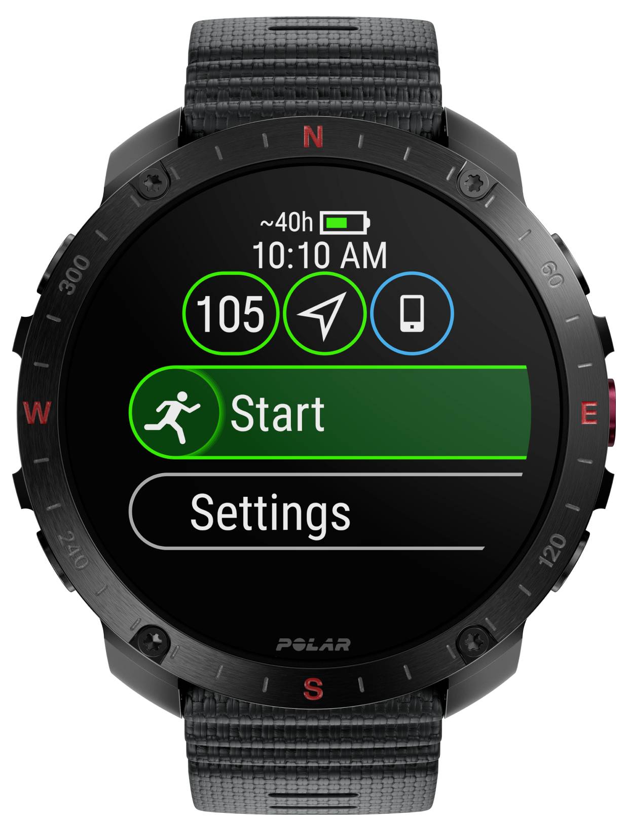 Smartwatch met tijdsweergave van 10:10 uur en GPS-activiteiteninterface met opties voor 'Starten' en 'Instellingen', pictogrammen voor batterij en GPS.