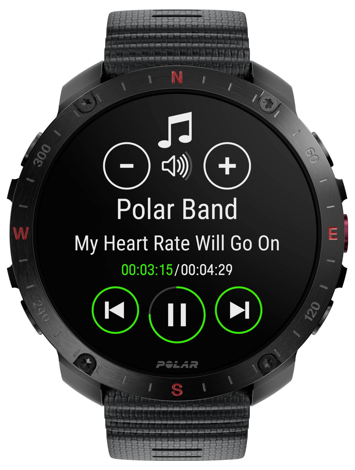 Smartwatch met zwarte band toont muziekspeler-scherm. Nummer 'My Heart Rate Will Go On', duur 3:15, met afspeelbaar en pauze-pictogrammen.