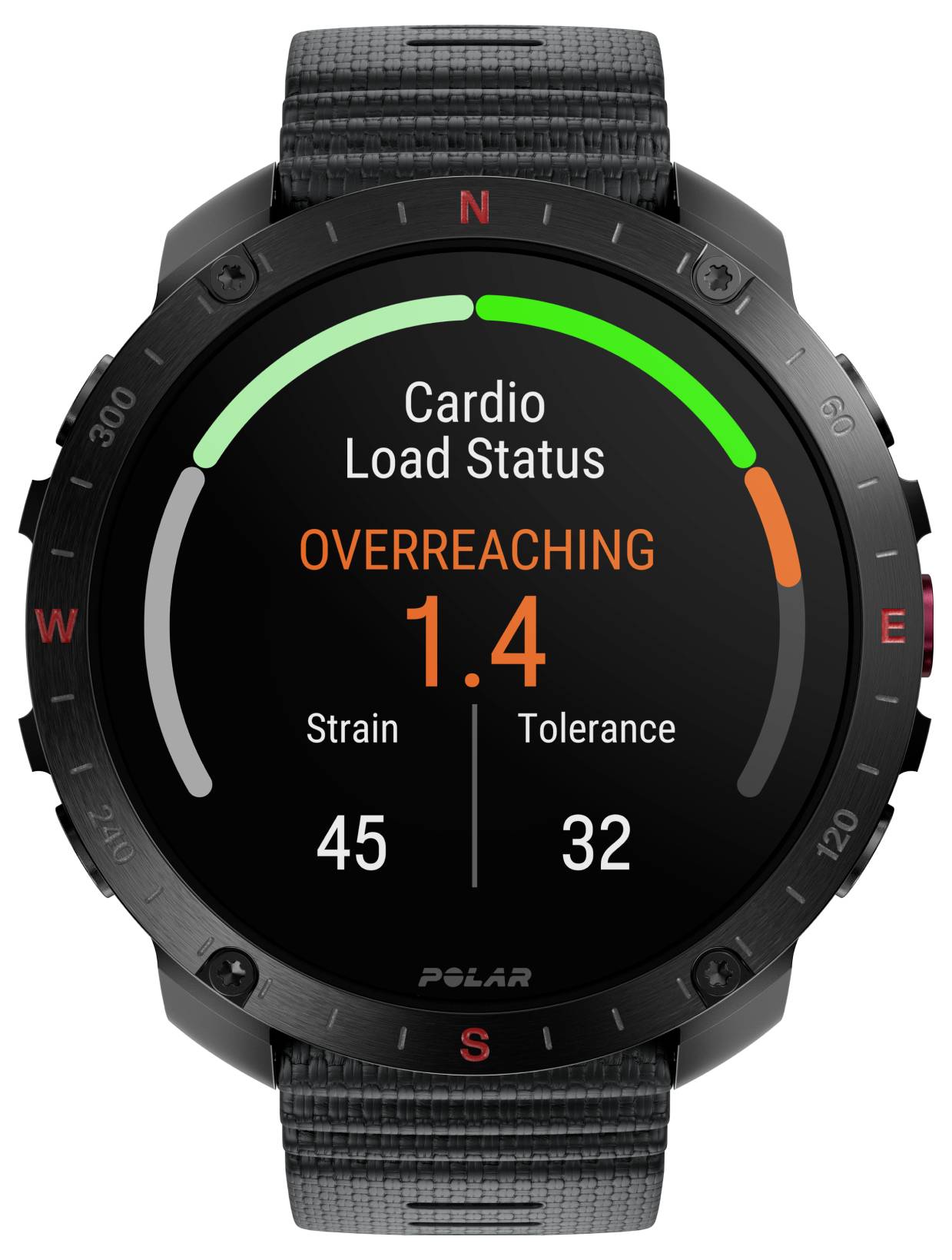 Smartwatch-display toont 'Conditiebelastingsstatus: Overbelasting 1.4' met inspanning op 45 en tolerantie op 32.