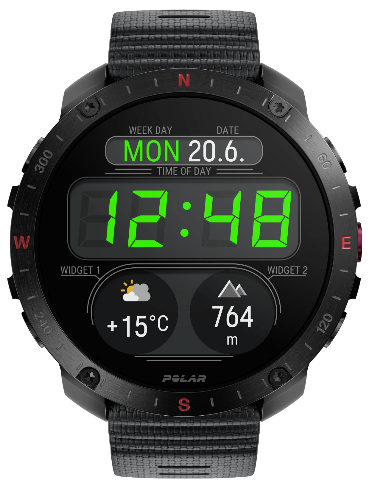 Een zwart digitaal horloge toont 'Maandag 20.6.' en '12:48'. Widgets tonen weer '+15°C' en hoogte '764 m'.