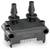 Een zwarte Sensirion SDP810 differentiaaldruksensor met twee cilindrische mondstukken en zichtbare elektrische pinnen.