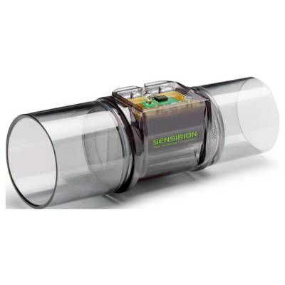 Een transparante flowsensor-buis met elektronica voorzien van het label 'SENSIRION' in het midden, gebruikt voor het meten van gas- of vloeistofstroomsnelheden.