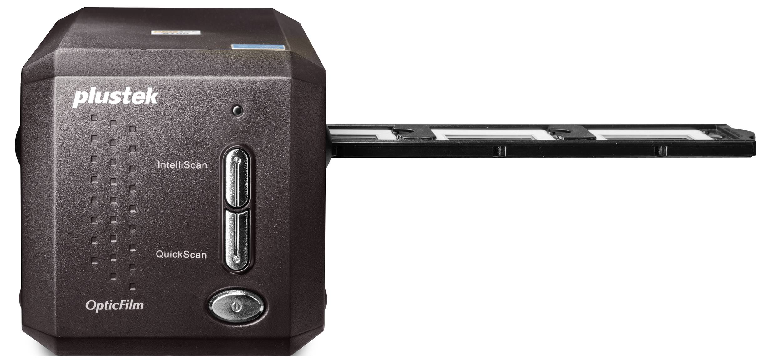 Een bruine externe scanner met 'Plustek', 'IntelliScan' en 'QuickScan' op het label, met een filmhouder die uit de sleuf steekt.