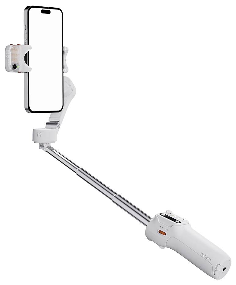 Een smartphone bevestigd aan een witte, uitschuifbare selfie-stick met een draadloze afstandsbediening. De stick en telefoon zijn onder een hoek geplaatst voor het maken van de optimale selfie.