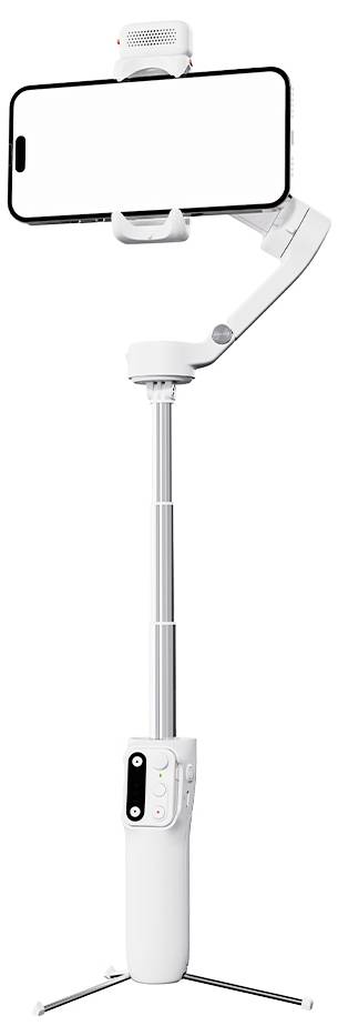 Een witte, handmatige selfie stick met een geïntegreerde driepoot en een smartphonehouder bovenaan, ontworpen voor stabiliteit tijdens het fotograferen.