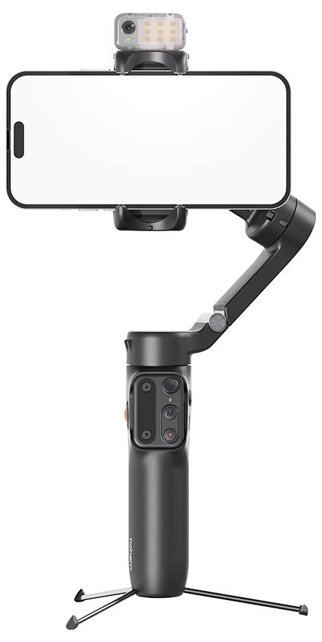 Een smartphone is gemonteerd op een elektronische gimbal met een LED-lamp bovenop, gebruikt voor het stabiliseren en verbeteren van video-opnamen.