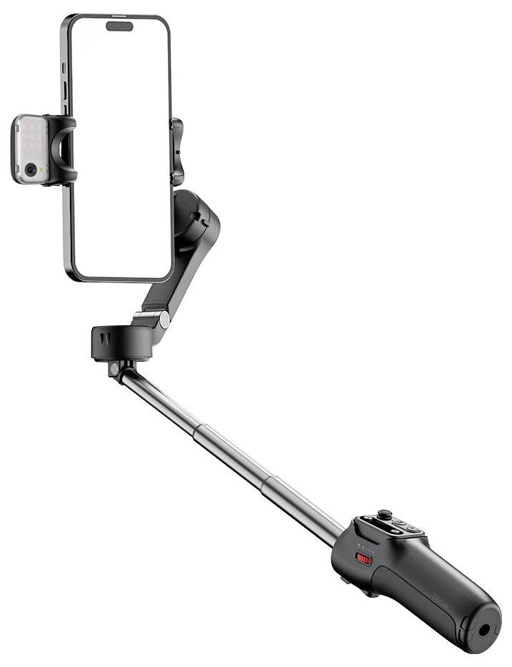 Een smartphone gimbal met een uitschuifbare arm, die een telefoon in portretmodus vasthoudt. De basis beschikt over bedieningsknoppen voor eenvoudige aanpassingen.