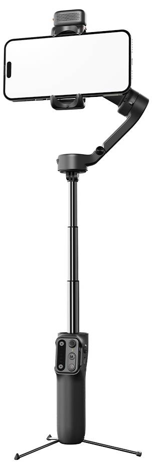 Een smartphone gemonteerd op een zwarte gimbal met een uittrekbaar driepootstatief, gebruikt voor stabiele video-opnames en fotografie.