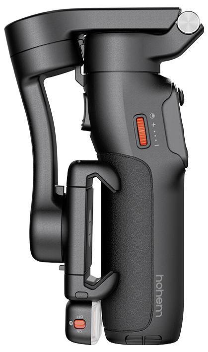 Draagbare gimbals-stabilisator met een compact ontwerp, voorzien van bedieningsknoppen en een klein display, ideaal voor stabiele mobiele video-opnames.