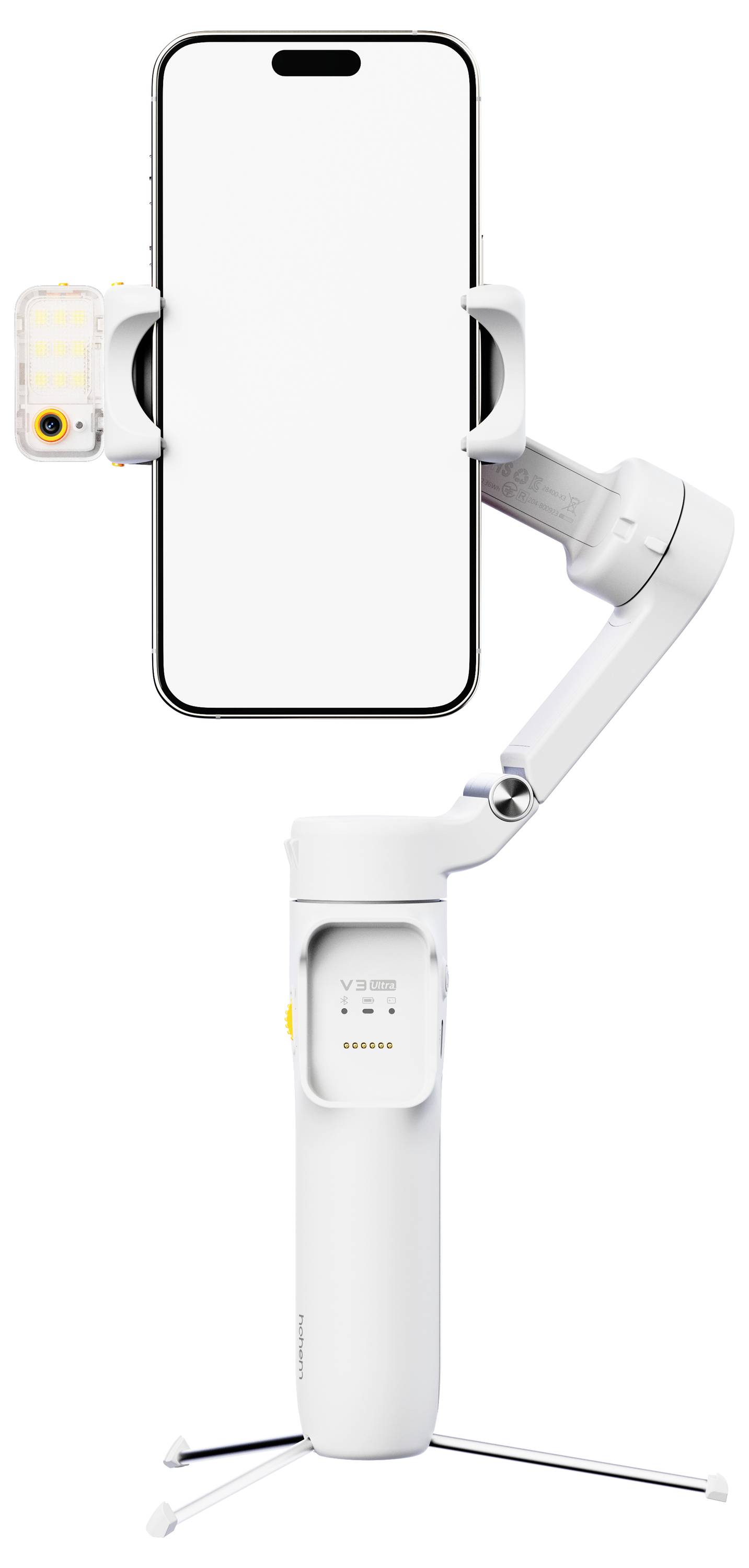 Een witte smartphone gimbal met een bevestigde mobiele telefoon en een kleine LED-verlichting, weergegeven op een statief.