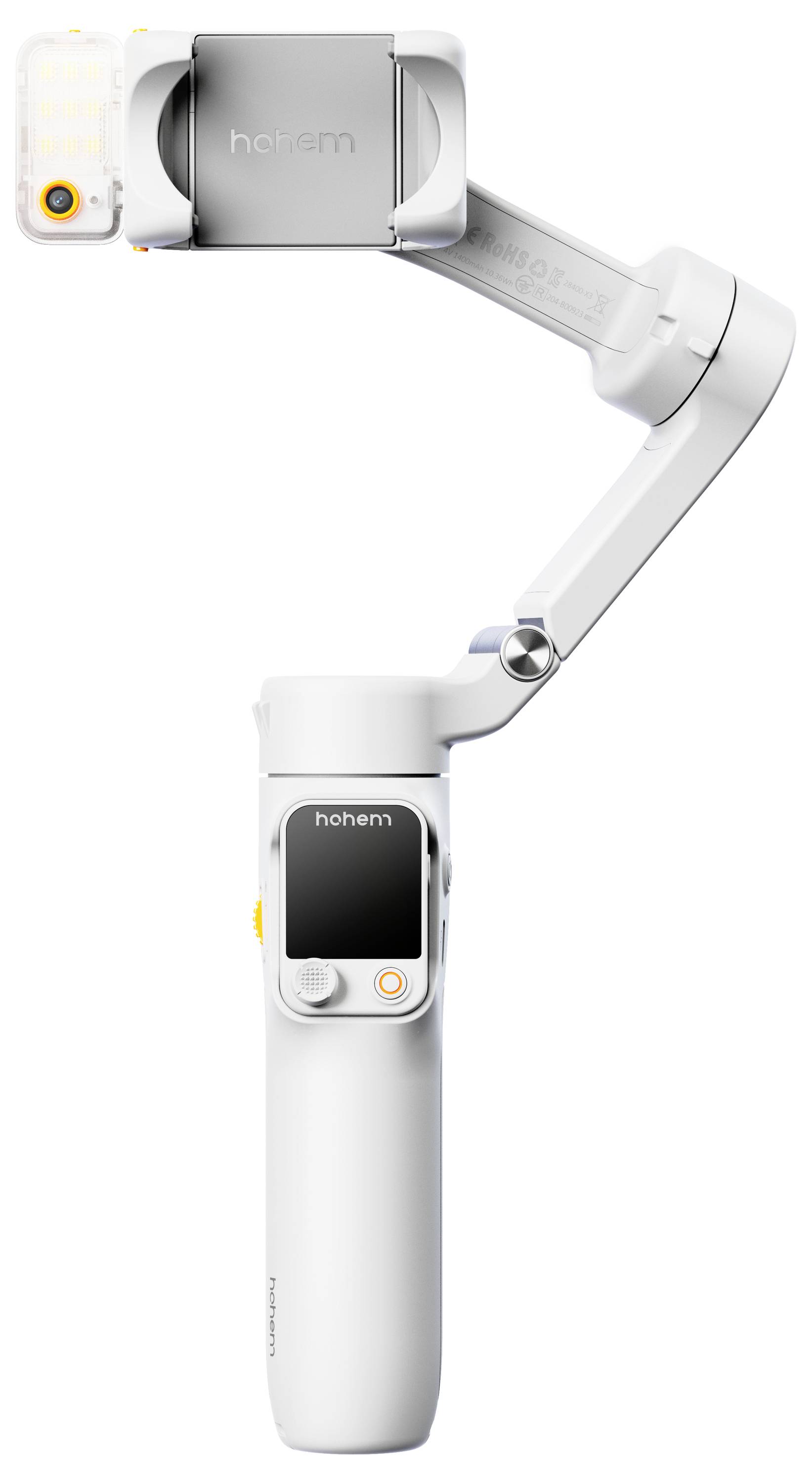 Een witte handgehouden gimbal met een LED-lamp en verstelbare arm, ontworpen voor het stabiliseren van mobiele fotografie, voorzien van een klein display en bedieningsknoppen.