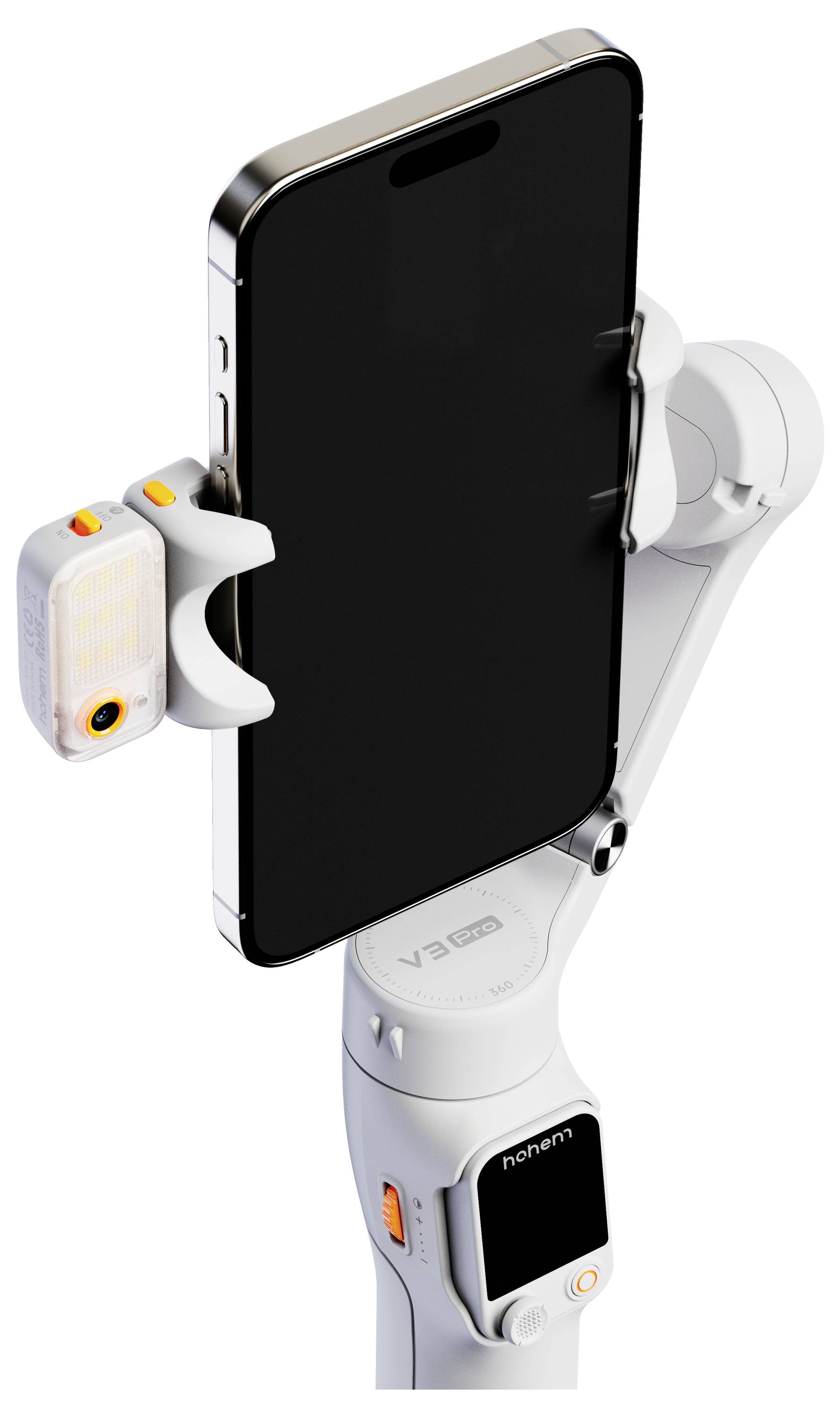 Witte smartphone gimbal met een gemonteerde smartphone en een bevestigde LED-lamp, ontworpen voor stabiele video-opnames en fotografie.