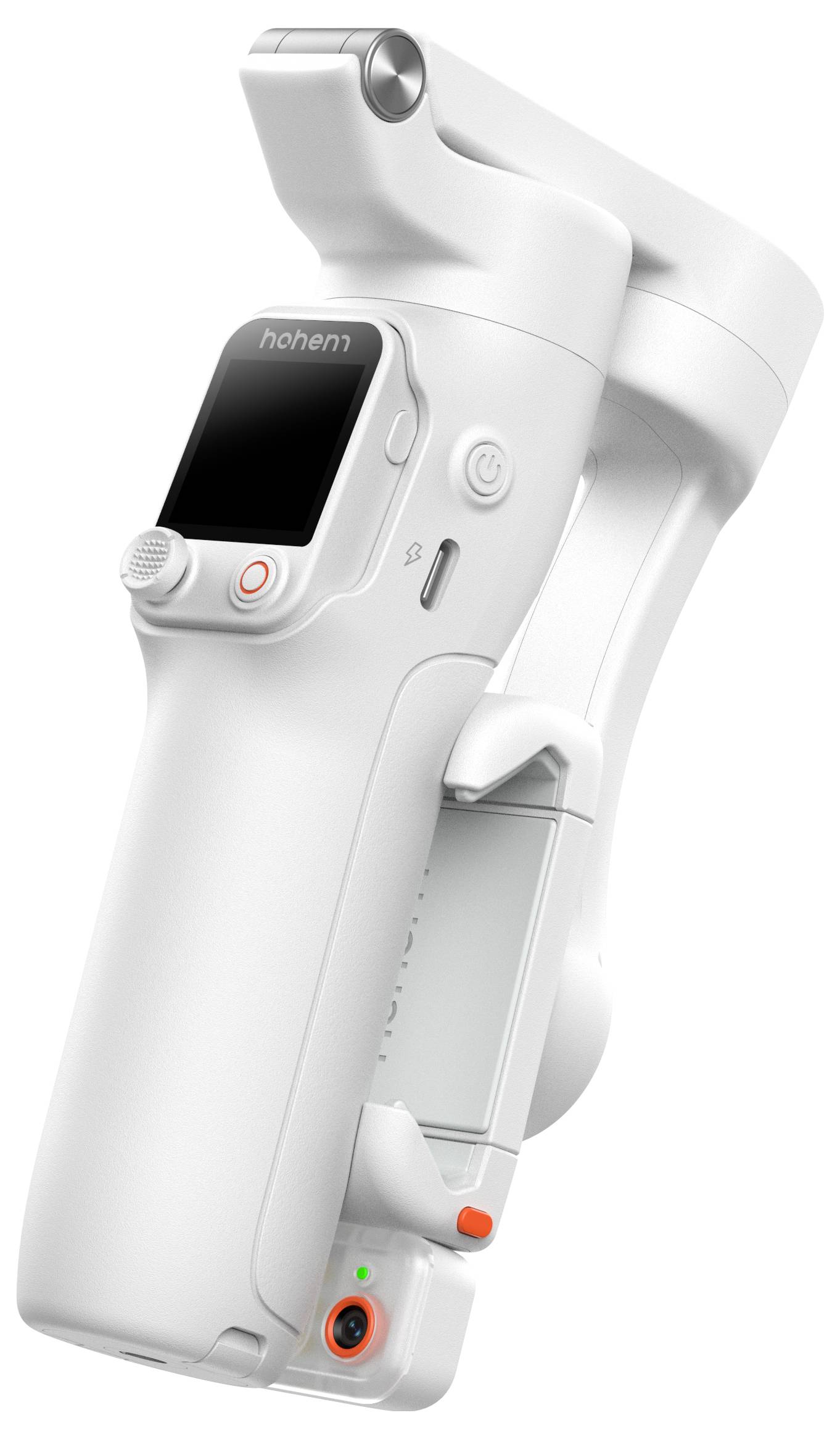 Een witte draagbare gimbaalstabilisator met een klein display-scherm, bedieningsknoppen en een verstelbare telefoonhouder.
