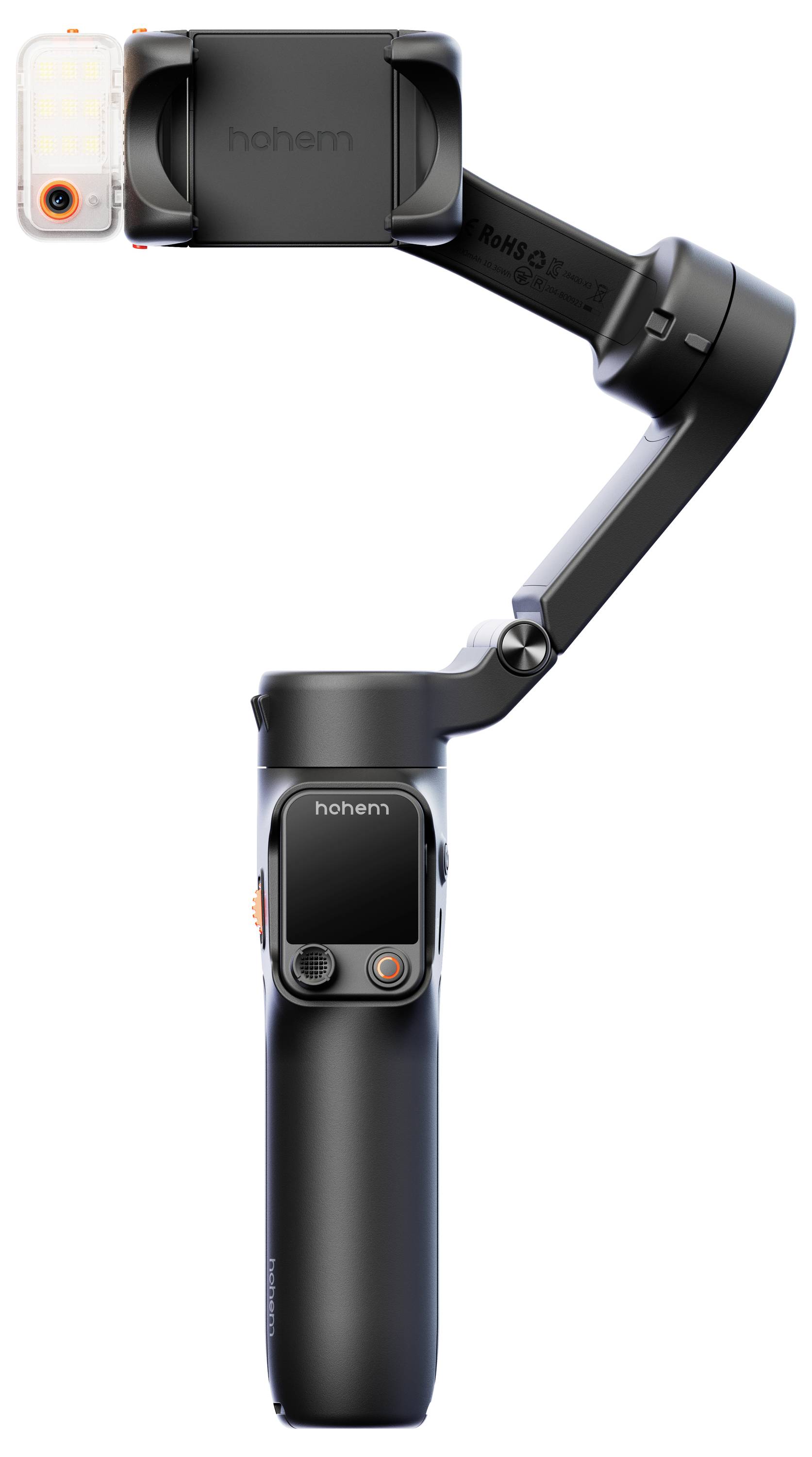Een zwarte handheldgimbal met een verstelbare arm en een smartphonemontage aan de bovenkant, gebruikt voor het stabiliseren van video-opnames.