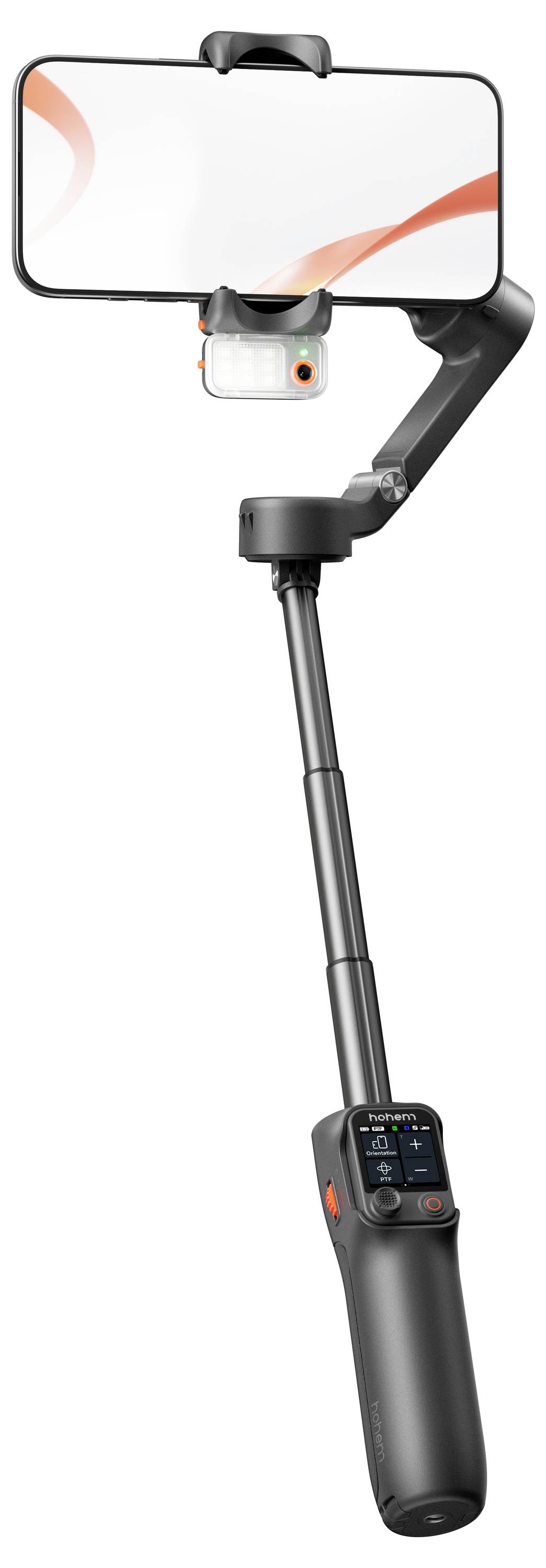 Een smartphone-gimbaalstabilisator met een verlengde arm, telefoonhouder en bedieningspaneel op de handgreep voor stabiele video-opnames en fotografie.