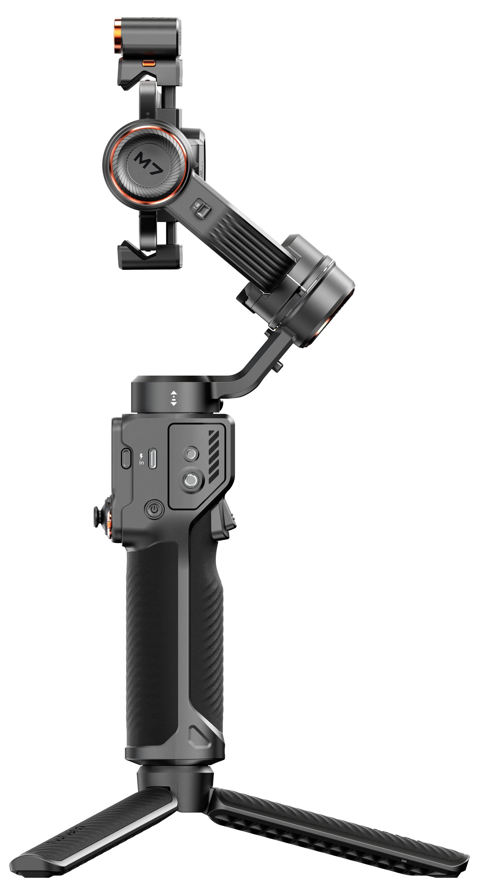 Een compacte zwarte camera gimbal met een driepootstandaard, ontworpen voor het stabiliseren van video, met een verstelbare arm en bevestigingsbeugel.