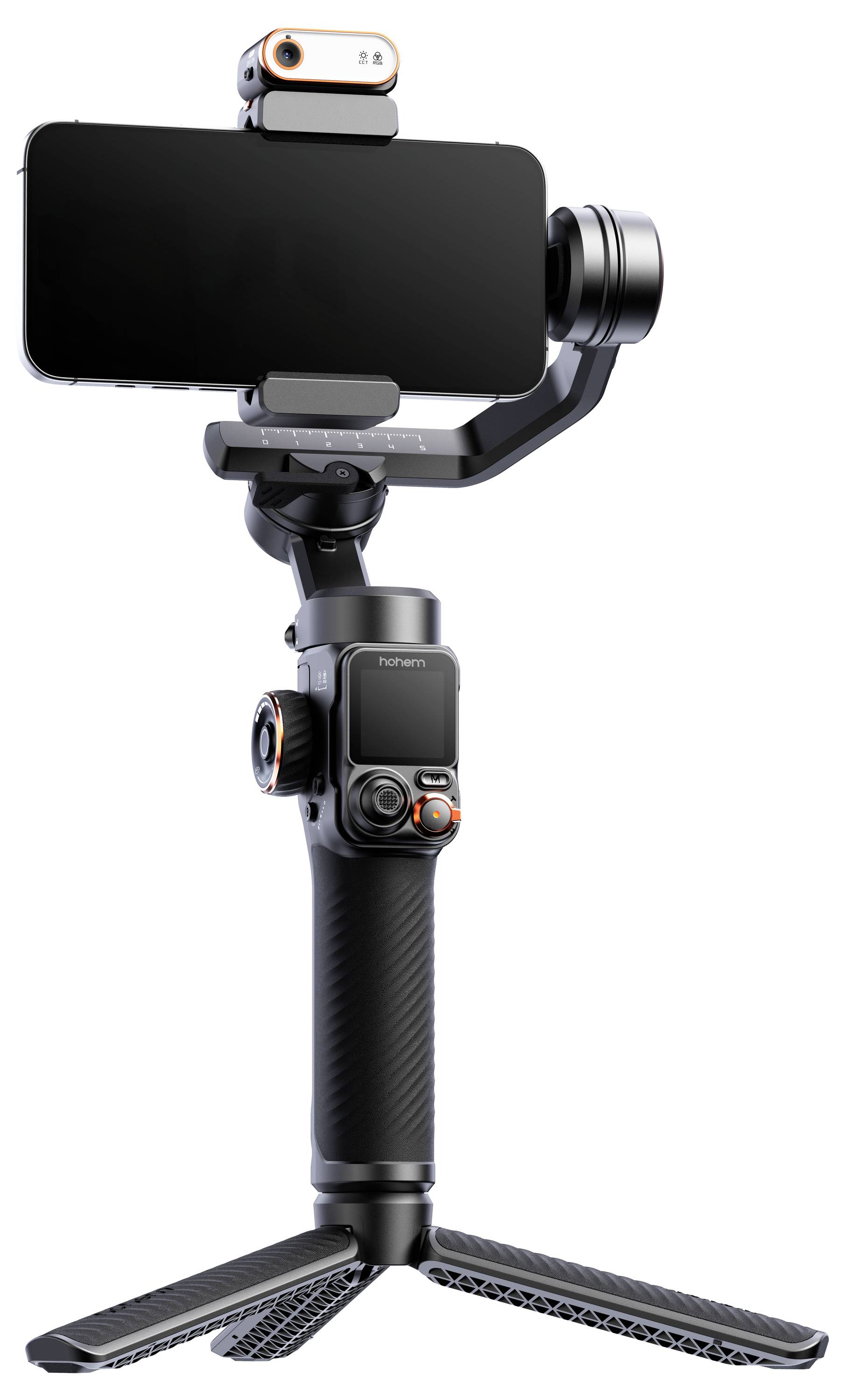 Een smartphone gemonteerd op een zwarte handmatige stabilisator met een bevestigde lamp, geplaatst op een statief. Ideaal voor stabiele video-opnames of fotografie.
