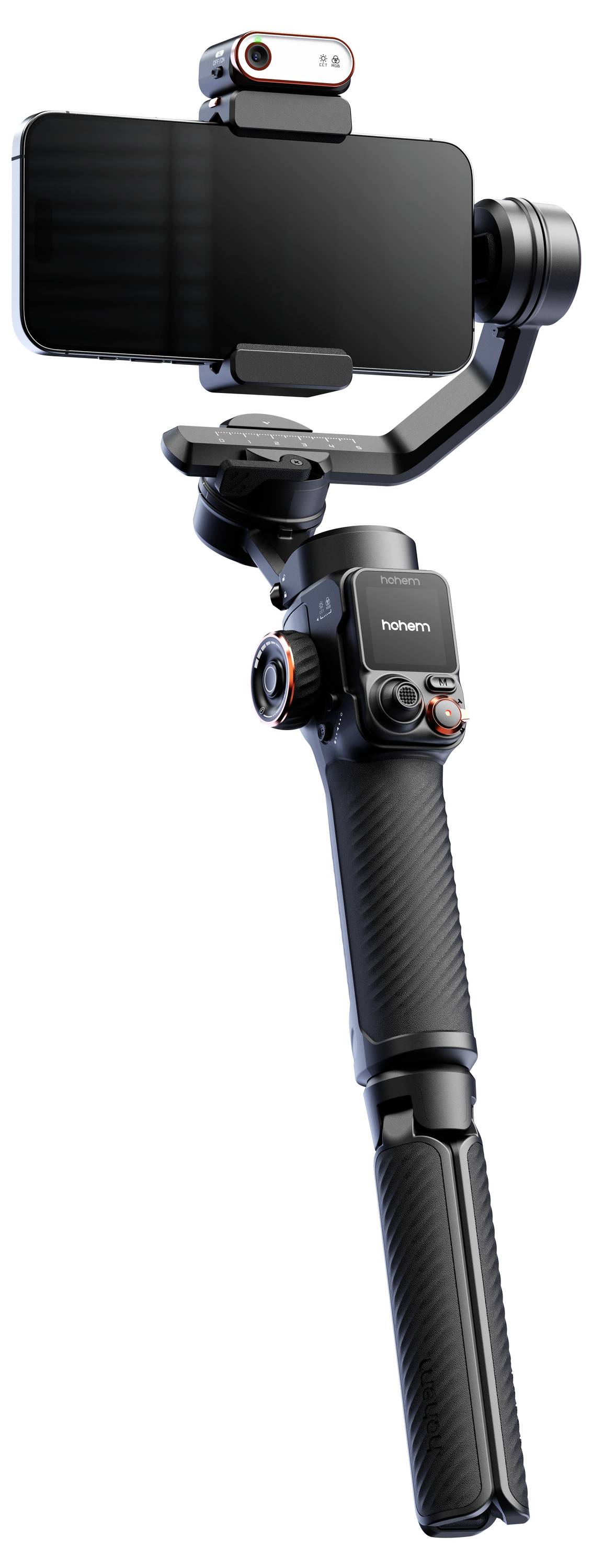 'Een handheld gimbal-stabilisator met een smartphone gemonteerd, voorzien van bedieningsknoppen en een compacte, opvouwbare vormgeving voor soepele videoregistratie.'