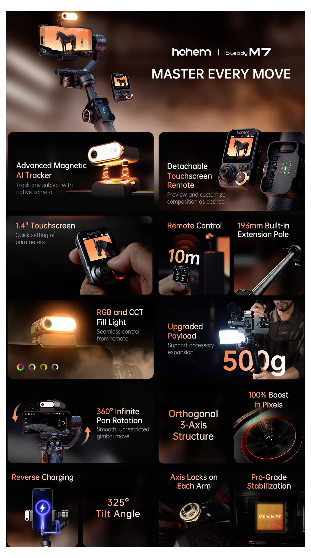 Hohem Gimbal elektrisch 1/4 inch Zwart Bluetooth, Geïntegreerde accu, Geïntegreerd statief, Incl. smartphonehouder Belas-12
