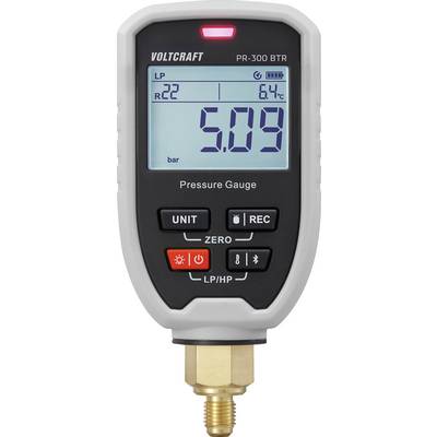 'Voltcraft PR-300 BTR' digitale drukmeter met weergave '5.09 bar' en temperatuur '6.4°C', knoppen voor 'Unit', 'Rec', 'Zero', met schroefdraad onderaan.