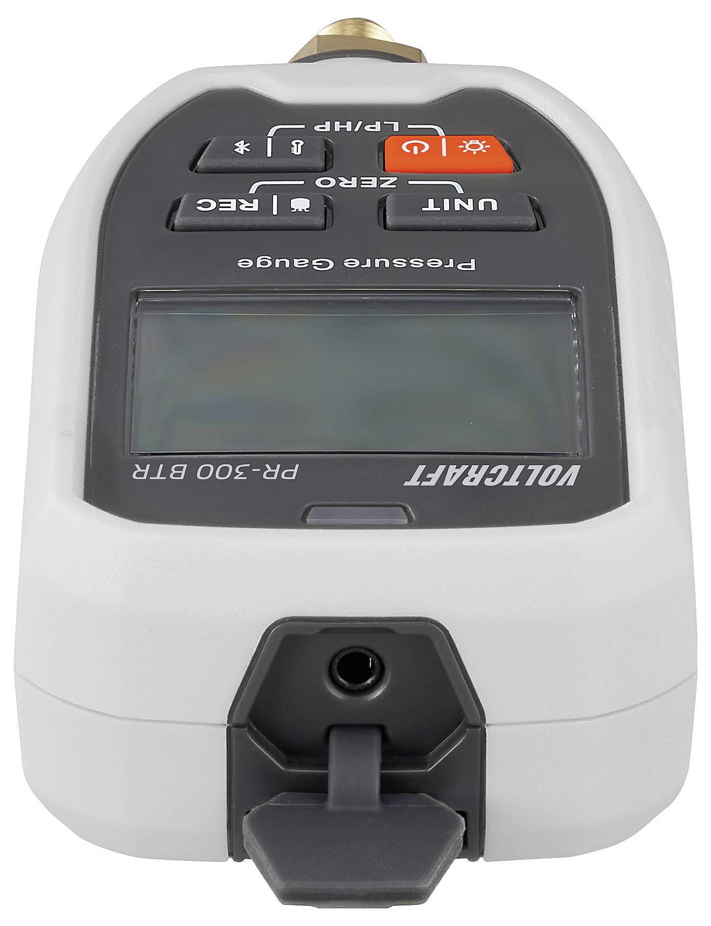 Digitale manometer met knoppen voor eenheidsselectie, nulstelling en opname. Display toont metingen. Merknaam 'VOLTCRAFT' zichtbaar.