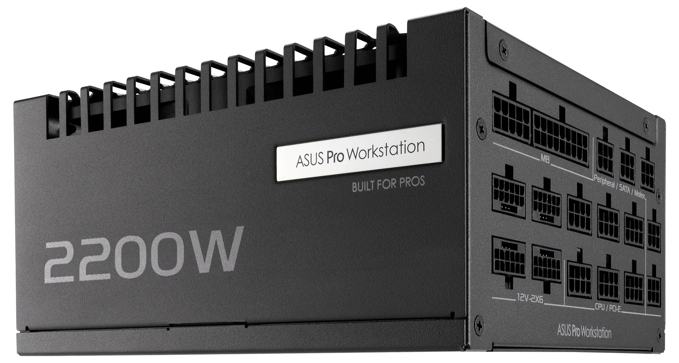 'ASUS Pro Workstation 2200W voeding met meerdere aansluitpoorten en 'GEMAAKT VOOR PROFESSIONALS' label aan de zijkant.'