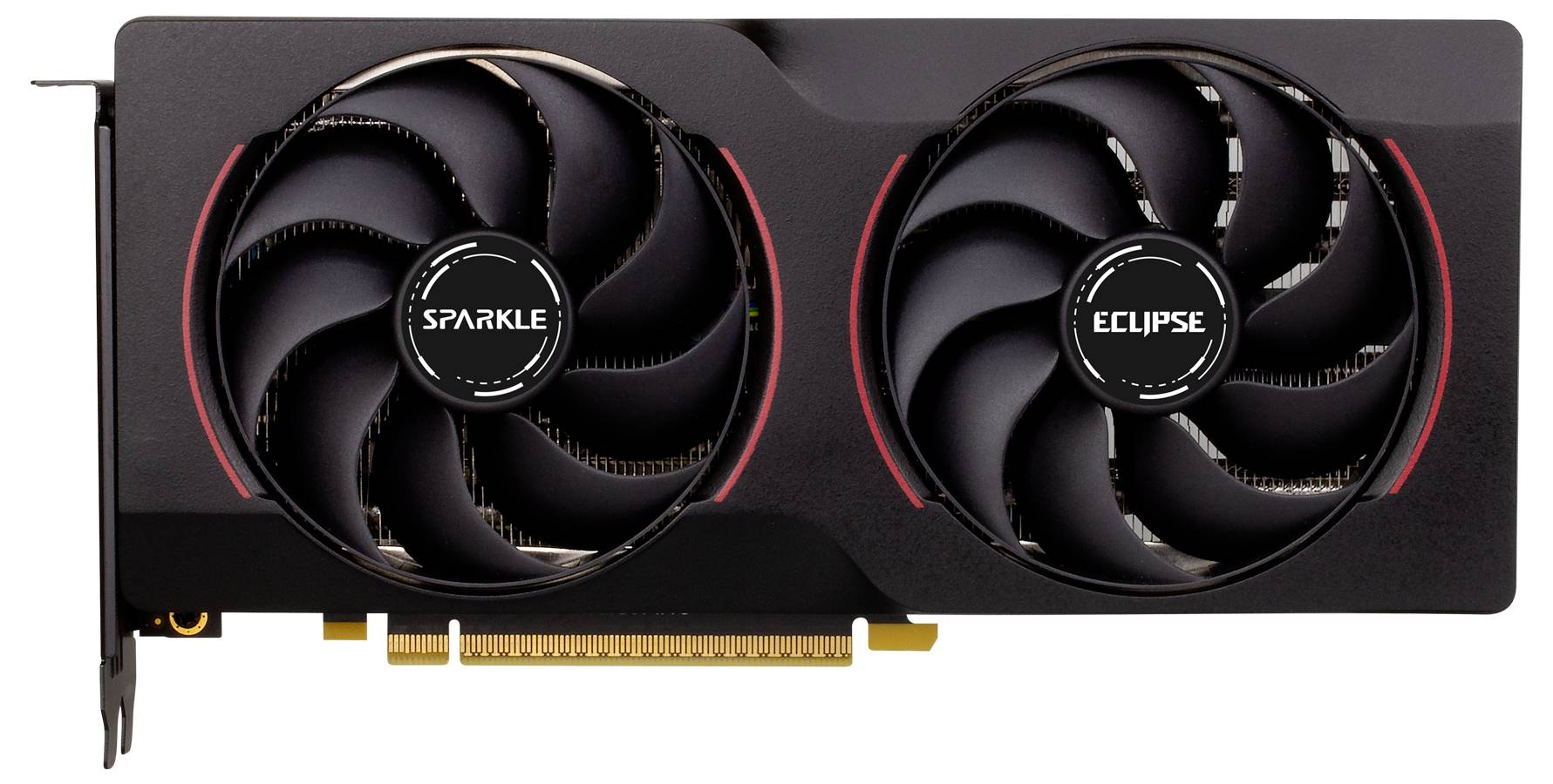 Een grafische kaart met twee ventilatoren, gelabeld als 'Sparkle Eclipse', ontworpen voor verbeterde koeling en prestaties in computerhardware.