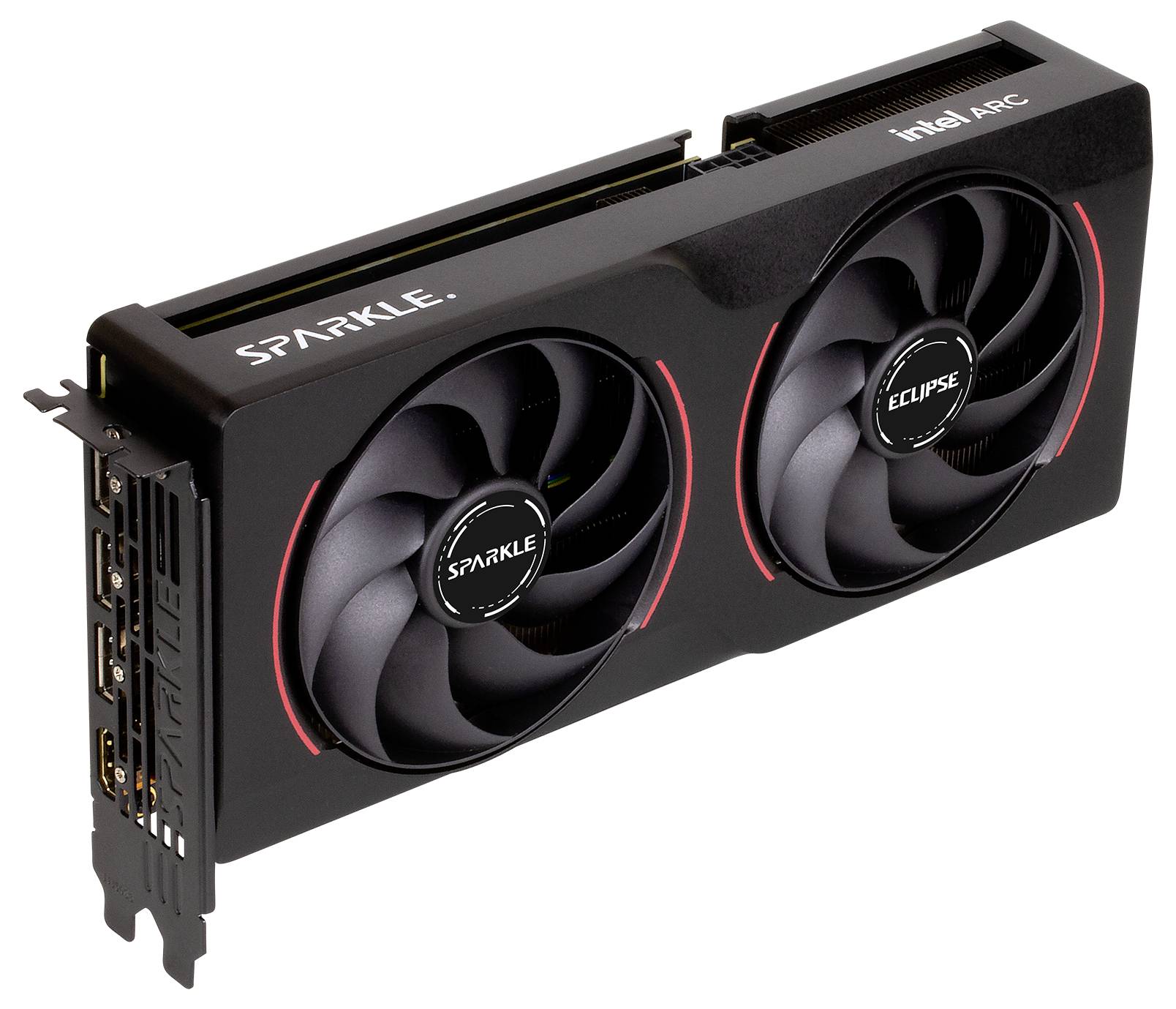 Een zwarte Intel ARC grafische kaart met twee ventilatoren, gemerkt met 'SPARKLE' op de behuizing, wordt getoond op een witte achtergrond.