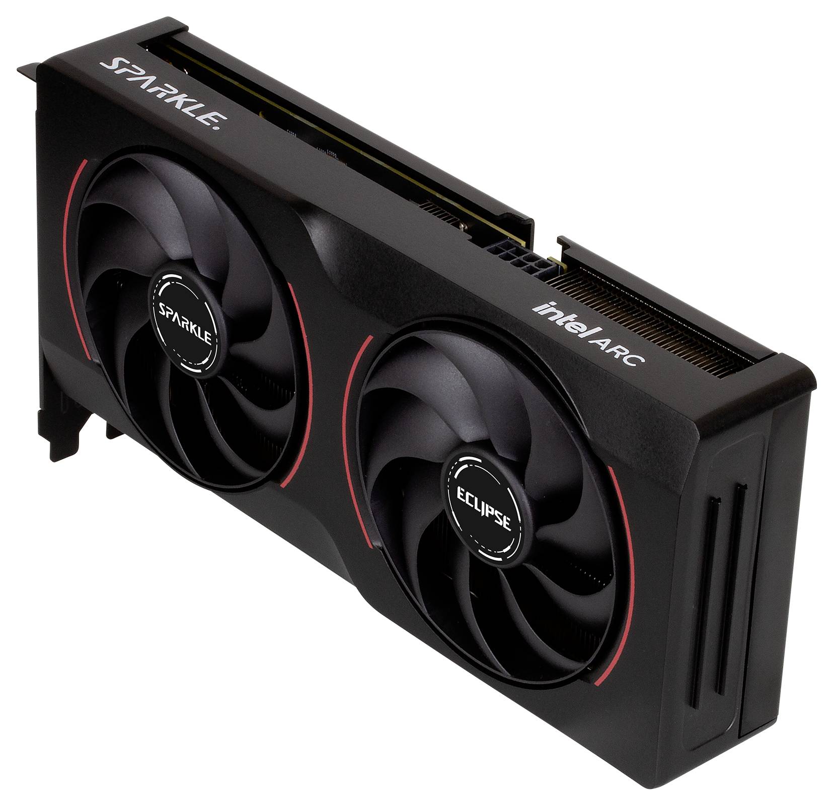 Een zwarte videokaart met twee ventilatoren en de tekst 'Sparkle' en 'Intel ARC' op de behuizing.