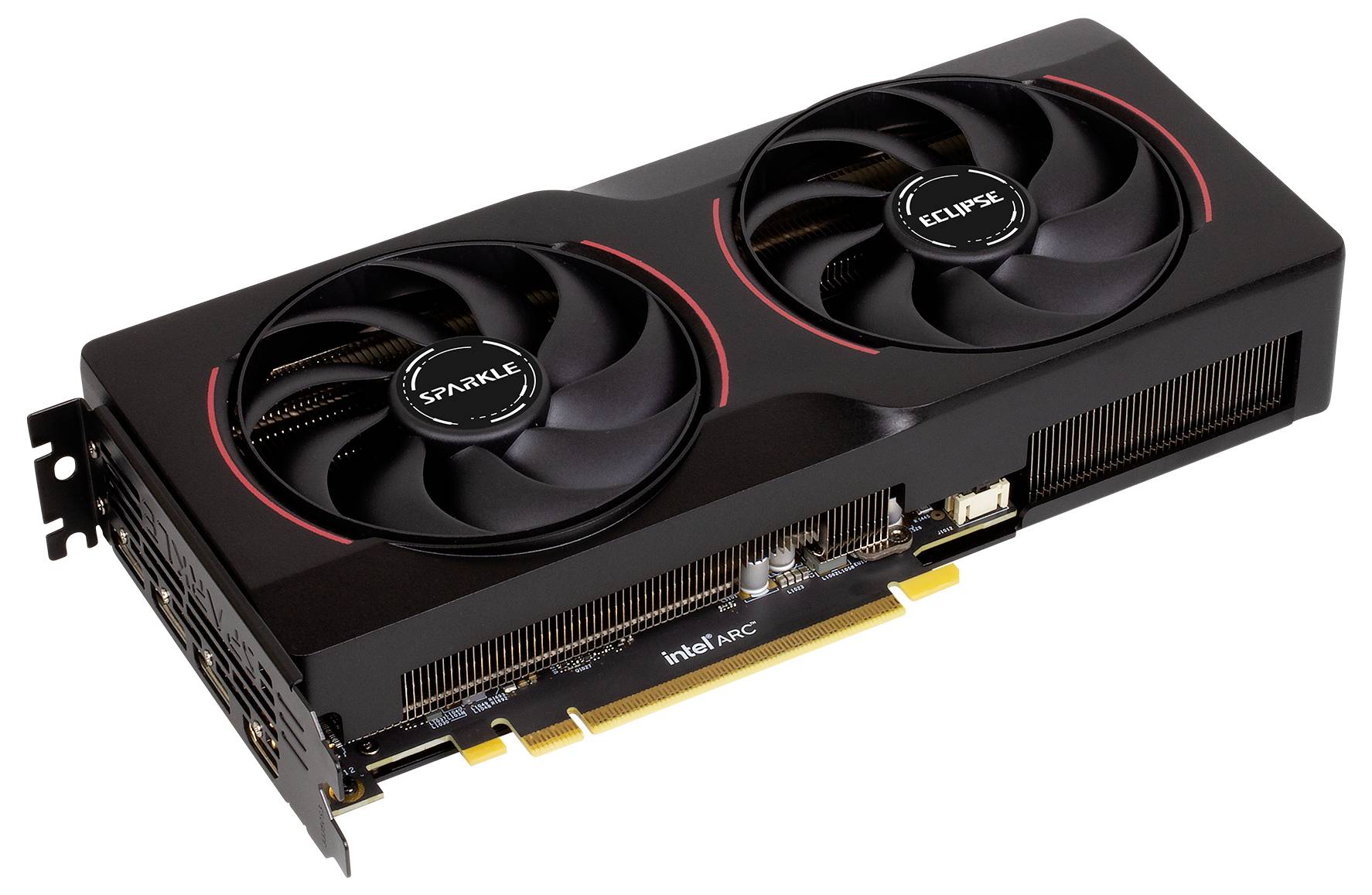 Een zwarte grafische kaart met twee grote koelventilatoren gelabeld als 'Sparkle' en 'Eclipse', voorzien van Intel Arc-branding op de PCIe-connector.