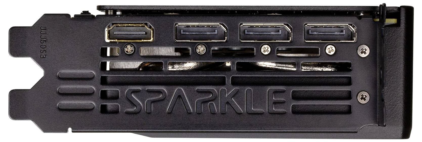 Grafische kaart achterpaneel met drie DisplayPort- en één HDMI-poorten, gelabeld 'SPARKLE'. Geschikt voor het aansluiten van meerdere monitors.