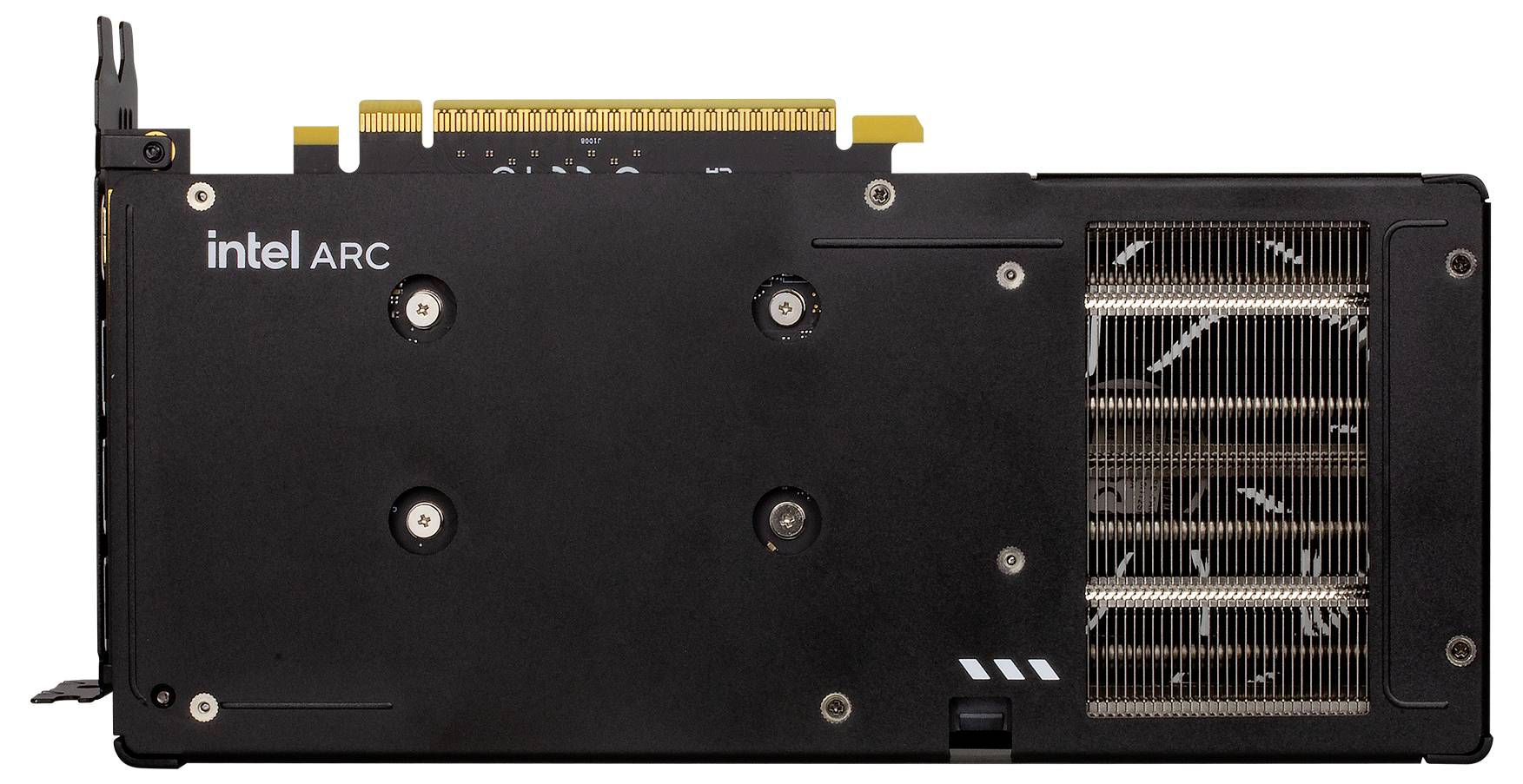 'Achterkant van een Intel ARC grafische kaart met de koelingsopeningen en merklogo.'