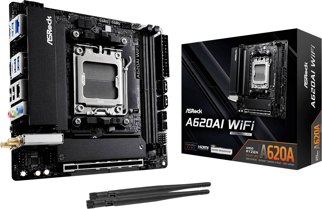 ASRock A620 AI WiFi-moederbord getoond naast zijn retailverpakking, waarbij functies zoals WiFi-mogelijkheden en compatibiliteit met AMD Ryzen-processors worden benadrukt.