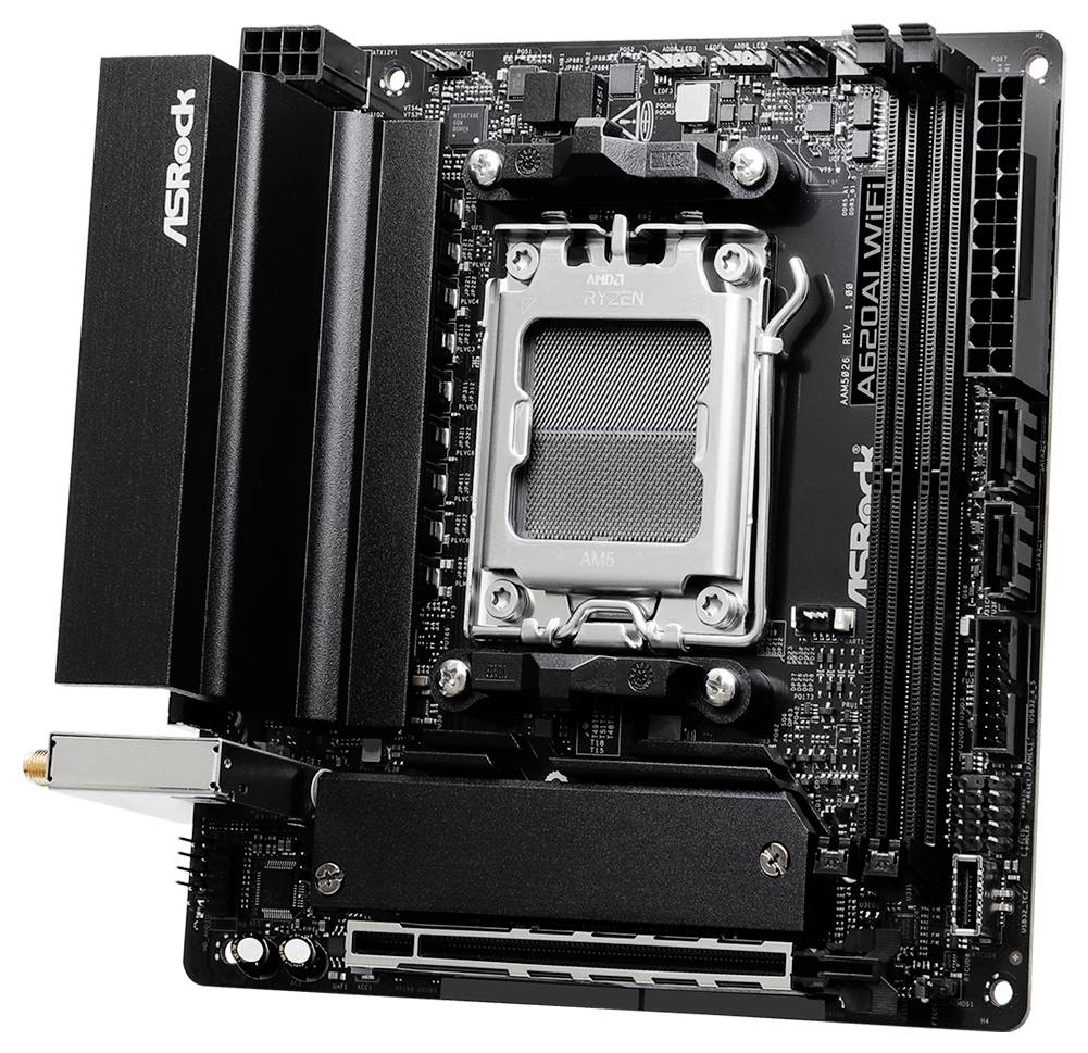 Een bovenaanzicht van een ASRock A620M-HDV/M.2+ moederbord met zicht op de CPU-socket, RAM-sleuven en uitbreidingssleuven, ontworpen voor AMD-processors.