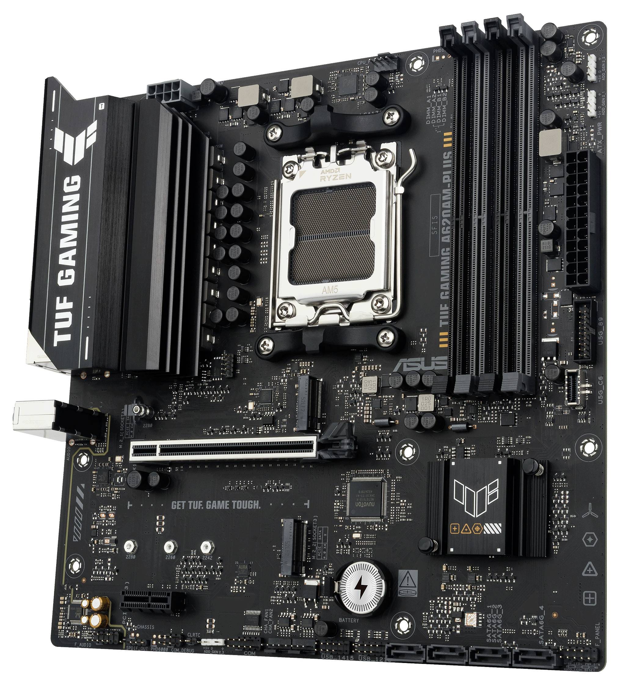 'TUF GAMING' ASUS-moederbord met processorslot, RAM-sleuven en chipsets speciaal ontworpen voor gamingprestaties.