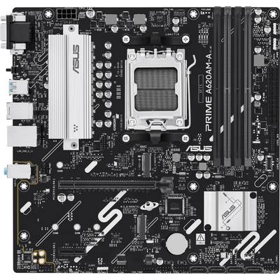Een computermoederbord met verschillende poorten, sleuven en een AMD-processorsocket met het label 'PRIME A620M-A', ontworpen voor het bouwen of upgraden van pc's.