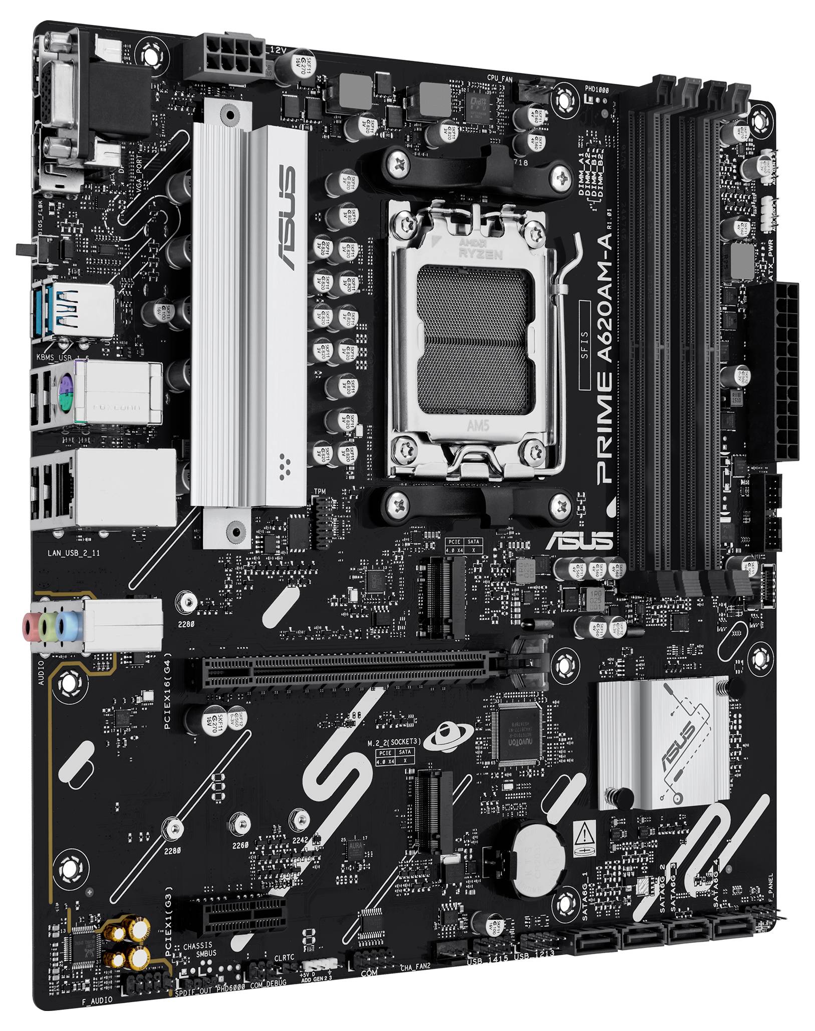 Een zwarte ASUS PRIME A620M-A moederbord met meerdere poorten, sleuven en gelabelde componenten ontworpen voor computerassemblage en connectiviteit.