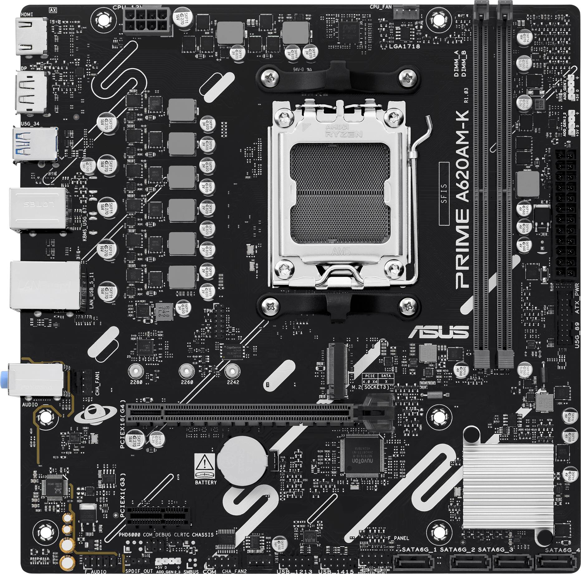 Een zwarte ASUS Prime A620M-K moederbord, voorzien van verschillende poorten, sleuven voor RAM en een CPU-socket, ontworpen voor het bouwen of upgraden van een computer.