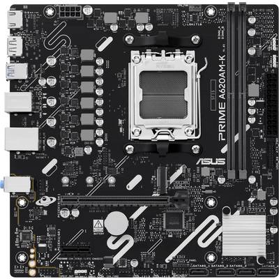 Een zwarte ASUS Prime A620M-K moederbord, voorzien van verschillende poorten, sleuven voor RAM en een CPU-socket, ontworpen voor het bouwen of upgraden van een computer.