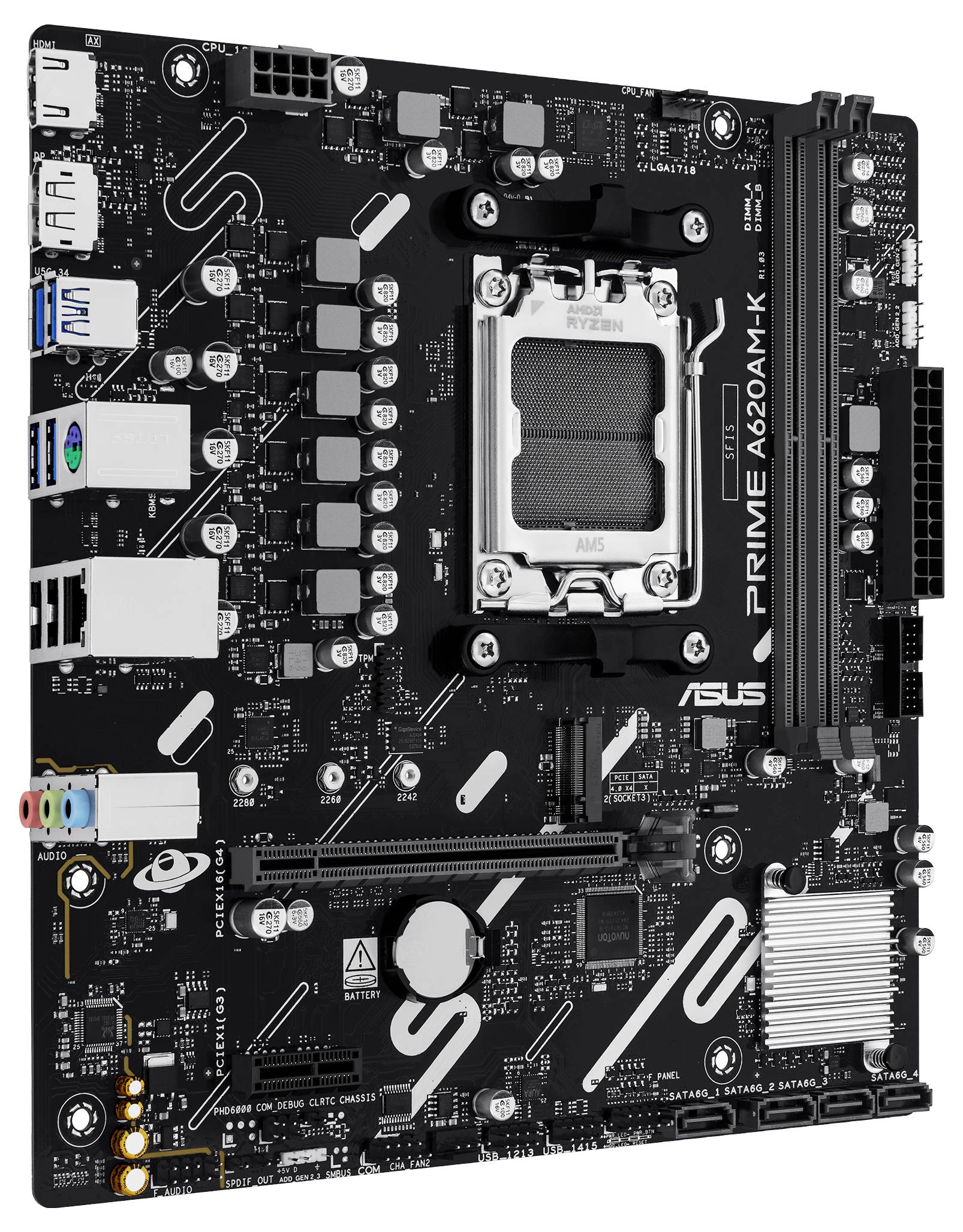'ASUS Prime A620M-K' moederbord met meerdere sleuven en poorten, waaronder USB, PCIe en RAM-sleuven, ontworpen voor AMD-processors.