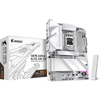 'AORUS X670E X3D ICE' gamingmoederbord met een zilver- en witkleurig ontwerp, weergegeven met zijn verpakking. Geschikt voor AMD Ryzen-serie.