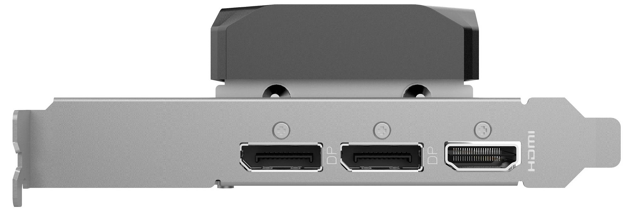 Een computergrafica-kaart met twee DisplayPort-aansluitingen en één HDMI-poort op een metalen beugel, gebruikt voor het aansluiten van beeldschermen.